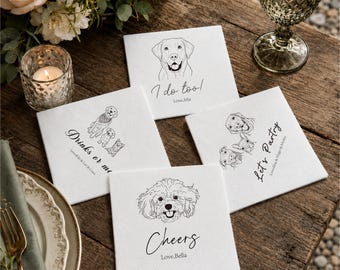 Custom Pet Wedding Cocktail Napkins with Personalized Pet Portrait, Bar Napkins for 1–3 Dogs or Cats, Colorful Wedding Party Decor