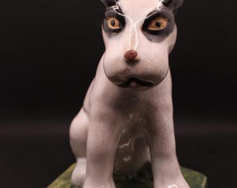 Vintage 1930s Crackle Glaze Terrier Dog Figurine on Hexagonal Base – Hand-Painted Ceramic Japan