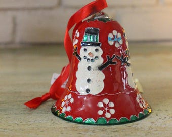 Vintage Cloisonné Christmas Bell Ornament: Hand-Painted Snowman Decor