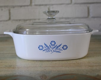 Vintage Corning Ware Blue Cornflower Auflaufform mit Deckel | 1.5 Qt Backform | Retro Pyrex Glas Top | 50er Jahre Küchenzubehör