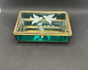 Boîte à bijoux vintage en verre tourterelle gravé à l'eau-forte : souvenir de meuble-lavabo bleu sarcelle