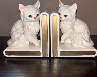 Sujetalibros vintage Lefton Japan con forma de gato persa blanco / Sujetalibros de cerámica pintados a mano con forma de gatito / Decoración de gatos de mediados de siglo / Regalo para amantes de los gatos