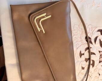 Taupe Envelope Clutch Purse with Gold Hardware – Minimalist Shoulder Bag