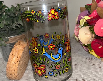 Vintage Glas Vorratsdose: Blauer Vogel Blumenmuster, 1970er Jahre Küchendeko
