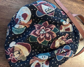 Vintage Orvis Tapestry Snowman Crossbody Bag – Holiday Purse with Leather Strap, Christmas Floral Design