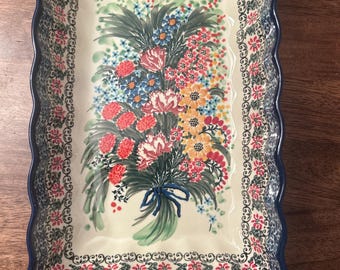 Handgefertigtes Tablett aus polnischer Keramik: Dankbares Herz des Sommers, Blumenmuster