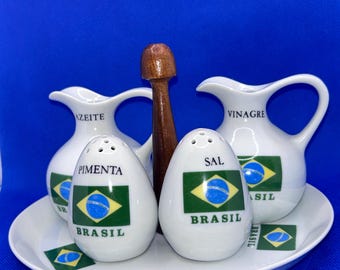 Vintage Brazil Condiment Set with Tray - Oil and Vinegar Cruets - Salt and Pepper Shakers