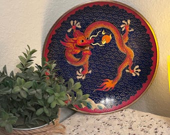 Vintage Cloisonne Drachenschale: Emaille Messing Wandkunst (25,4 cm)