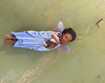 Thomas Blackshear Ebony Visions Angel Ornament Bunny Hug w Box Black Angel Figurine Christmas Ornament African American Angel Decor Collecti