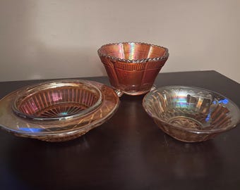 Vintage Marigold Carnival Glass Bowls Set | Iridescent Footed Candy Dish, Console Bowl