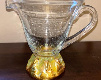 Vintage Hand Blown Art Glass Pitcher, Controlled Bubbles, Gold Leaf Green Base