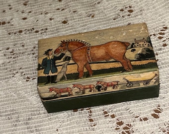 Vintage Reiterreis Papierkasten, handgemachte englische Volkskunst-Schmuckstück-Andenken-Schmuckschatulle