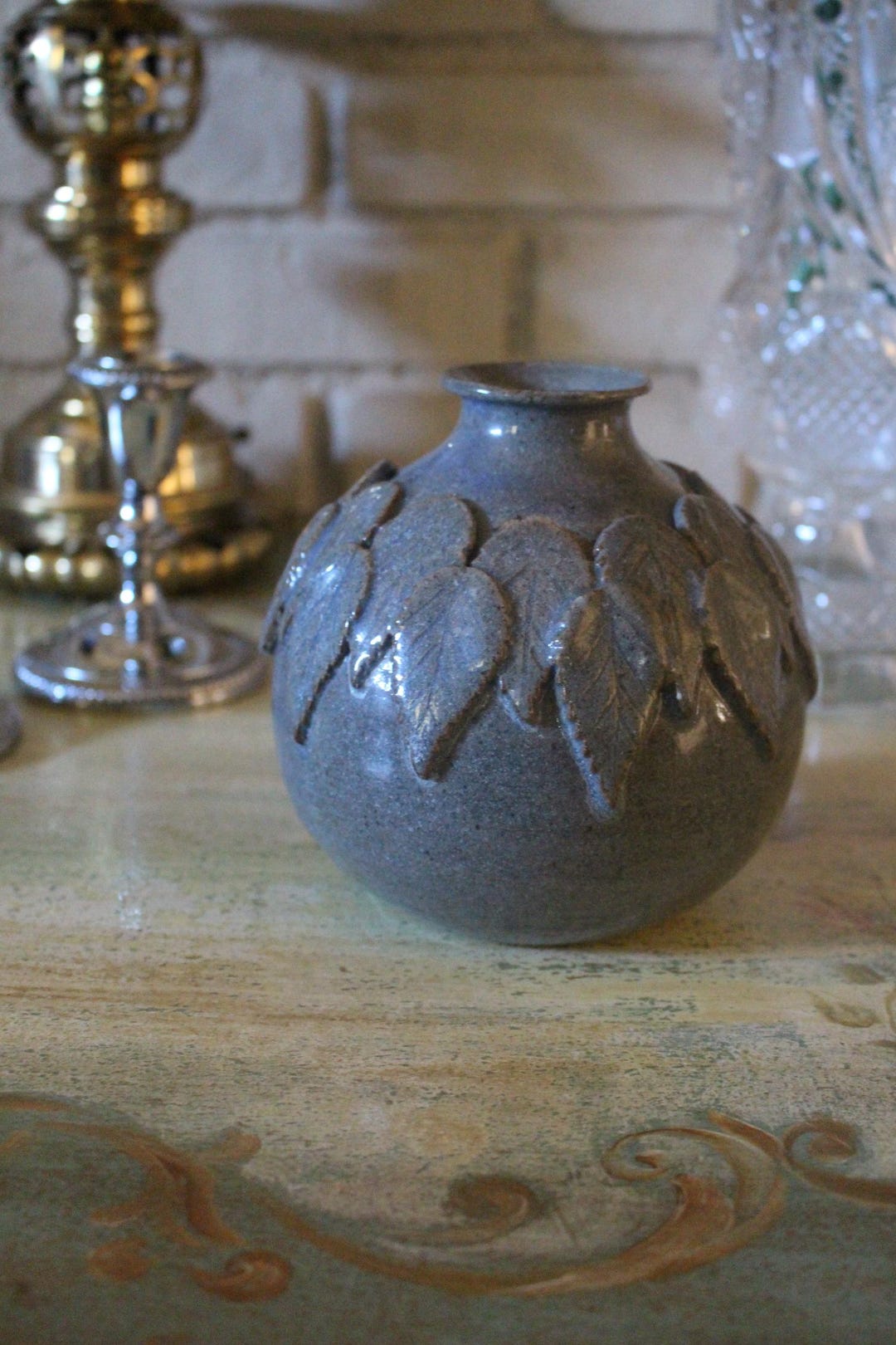 Handmade Stoneware Vase With Leaf Design, Studio Pottery, Textured Gray ...