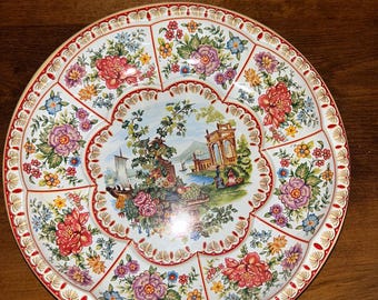 Vintage Daher Decorated Ware serveerschaal met bloemenmotief uit 1971, gemaakt in Engeland, van tin, liggend formaat, 25 cm.