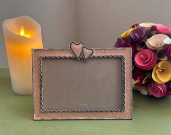 Vintage Double Heart Picture Frame | Romantic Photo Frame 4x6 | Pink & Silver Metal Frame | Wedding Gift | Anniversary Decor