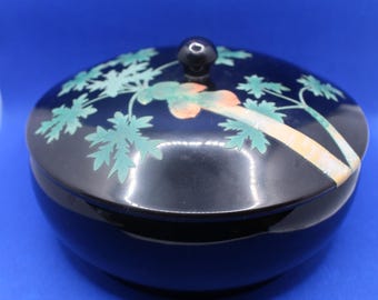 Vintage Ryukyu Lacquer Ware Bowl with Lid – Hand Painted Japanese Black & Red Lacquer, Okinawa Japan, Mid Century Modern Decor