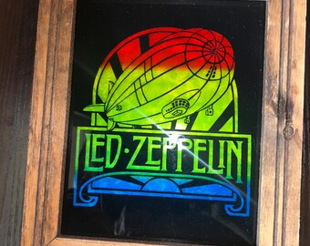 Vintage Led Zeppelin Framed Reverse Glass Art | Classic Rock Wall Decor | Rustic Wood Frame | Music Memorabilia | Man Cave Decor