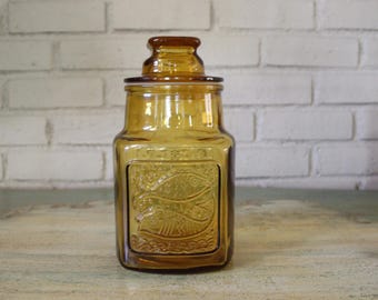 Vintage WEATON Bernsteinglas mit Deckel | 1970er Jahre Geprägtes Herz & Fisch Design | Retro Apothekerdose | WEATON NJ Sammlerstück