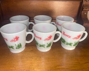 Vintage Tom & Jerry mokken set van 6 melkglazen kerstpunchglazen op voet.