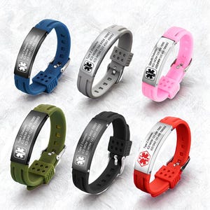 Bracelet médical en silicone personnalisé, bracelet d'alerte médicale sportive, bracelet réglable avec nom et pièce d'identité, bracelet d'urgence médicale pour homme et femme