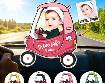 Personalized 1-5 Kid Photos Baby Car Hanger for Dad,Grandpa,Drive Safe Daddy Acrylic Ornament,New Dad Gift,1st Father's Day Gift For Husband