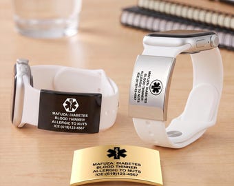Personalisierte medizinische Alarm ID Metallmarke für Apple Uhrenarmband, gravierte Edelstahl Identitätsmarke Allergie Tag, Notfallkontakte, Diabetes