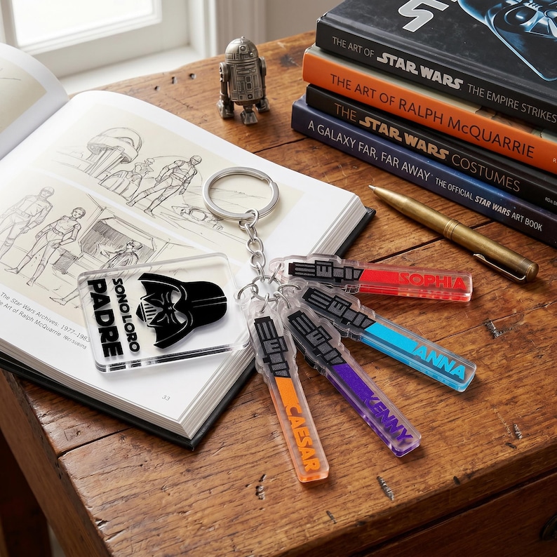 May include: A collection of Star Wars themed items on a wooden surface. Includes a keychain with a Darth Vader design and the text "PADRE SONO LORO", and several keychains with names. Also, a stack of Star Wars art books, a pen, and an R2-D2 figurine.