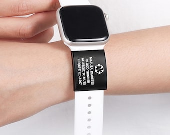 Gepersonaliseerde metalen ID-tag voor medische waarschuwing voor Apple Watch-band,Gegraveerd roestvrijstalen identiteitstag Allergietag,Contactpersonen voor noodgevallen,Diabetes