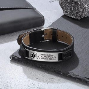 Personalised Medical Alert Bracelet  For Men,Stainless Steel Pu Leather Bracelet Waterproof Emergency ID Contact SOS Bracelet Gift For Men