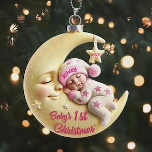 Personalized Baby On Moon Baby First Christmas Gift Personalized Moon Ornament Baby Sleeping on Moon Acrylic Keepsake, Gift  For Newborn