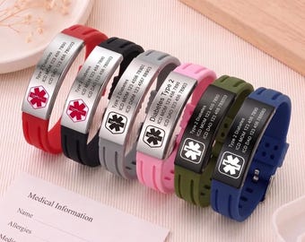 Personalized Medical Alert Bracelet,Custom Silicone Waterproof Sport Bracelet,Emergency Alert ID Bracelet,Medical Jewelry for Men/Women