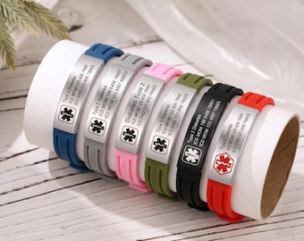 Custom Silicone Medical Bracelet, Sport Medical Alert Bracelet, Name and ID Adjustable Bracelet, Health Emergency Bracelet for Men & Women