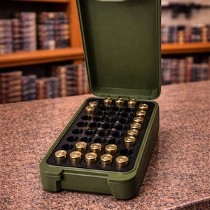 May include: An open, olive-green 9MM ammunition case with a black foam insert holding several gold-colored bullets. The case is on a speckled brown surface, with the text "9MM" on the lid.