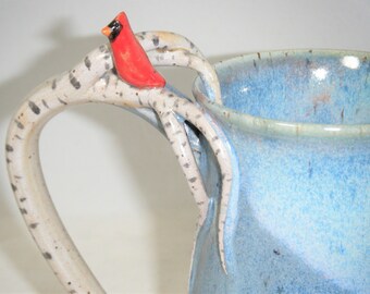 Bird Mug Birch Tree Cup Cardinal Handmade Sculpted Pottery Blue Sky Red Bird Ceramic ClayDogStudio 1
