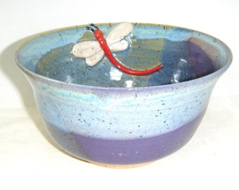 Dragonfly Bowl Red Dragonfly Blue Purple Sculptured Bowl ClayDogStudio