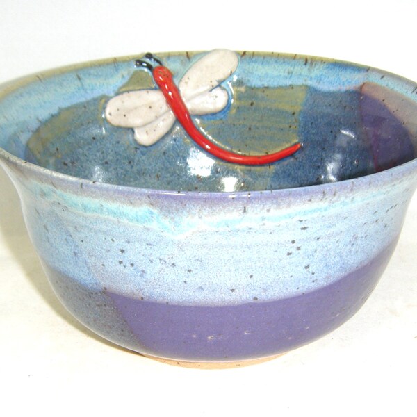 Dragonfly Bowl Red Dragonfly Blue Purple Sculptured Bowl ClayDogStudio