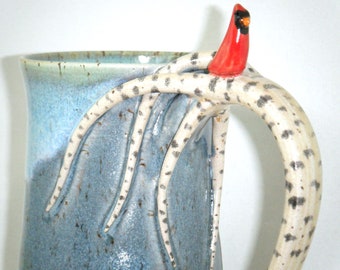 Bird Mug Birch Tree Cup Cardinal Handmade Sculpted Pottery Blue Sky Red Bird Ceramic ClayDogStudio