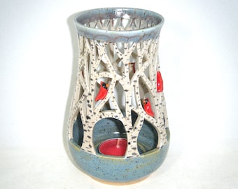 Bird Candle Tree Luminary White Birch Tree Lantern Clay Pottery Sculptured Cardinal Candle Holder ClayDogStudio