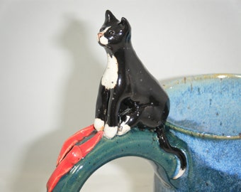 Cat Mug Black Tuxedo Cat Cup Kitten Blue Spruce Red Ribbon Mug