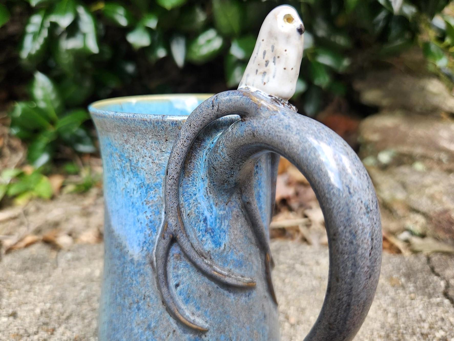 Owl Mug Snowy Owl Cup Blue Tree Bird Handmade OOAK ClayDogStudio