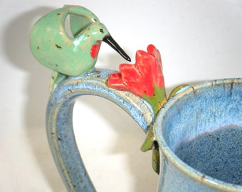 Hummingbird Mug Red Flower Cup Green Leaves Blue Bird Mug ClayDogStudio