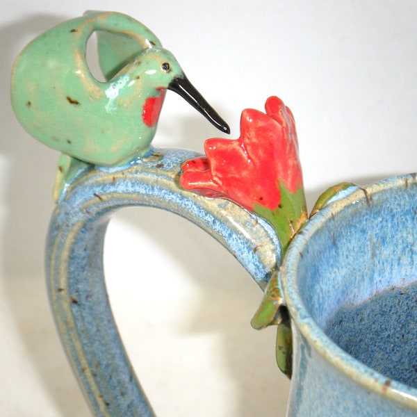 Hummingbird Mug Red Flower Cup Green Leaves Blue Bird Mug ClayDogStudio