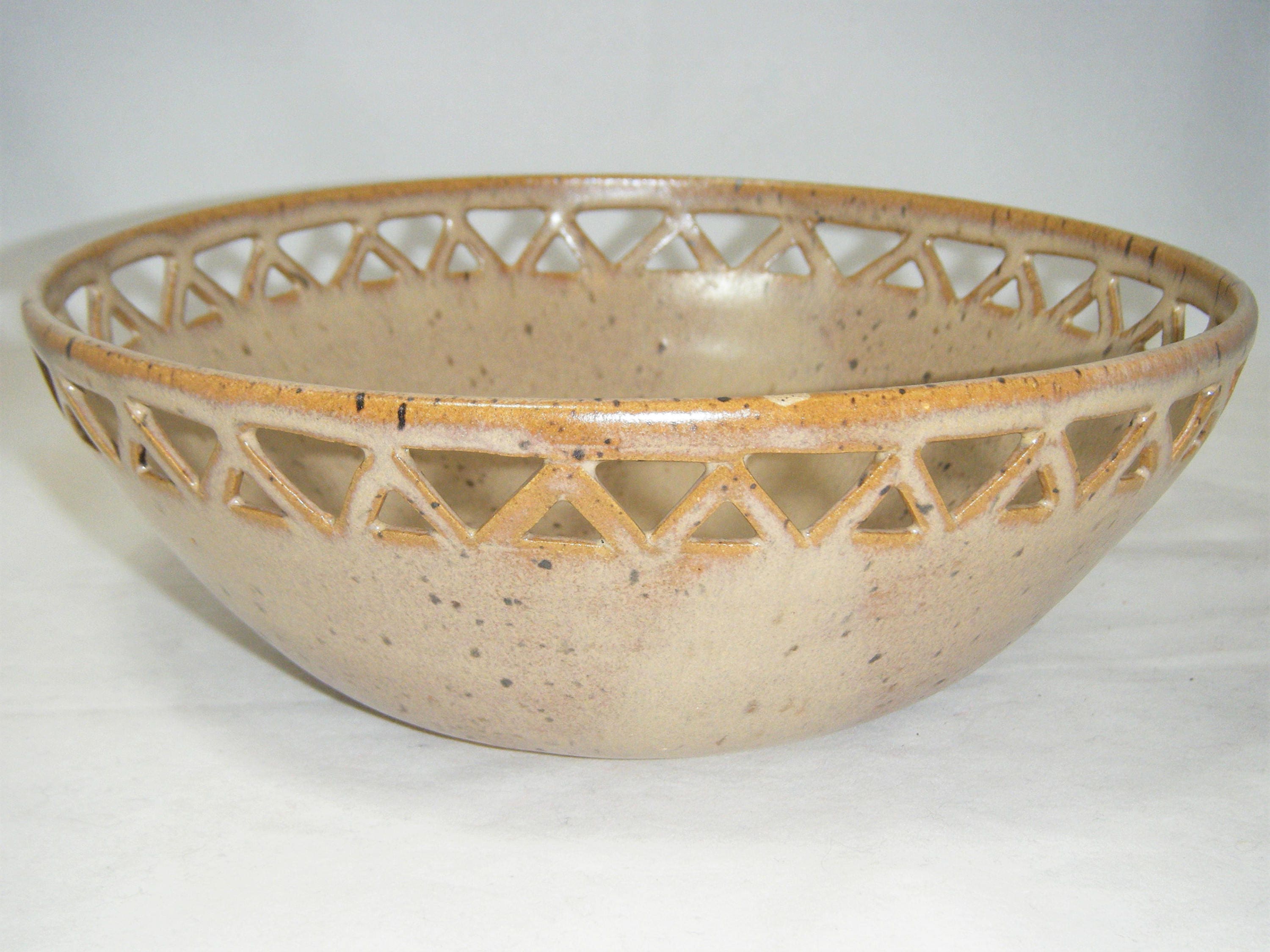 Large Bowl Pottery Carved Ceramic Cut Out Centerpiece Gold Tan Etsy