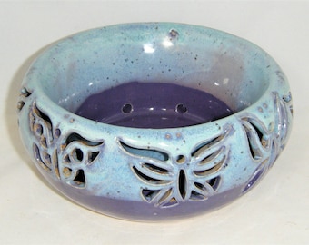 Double Walled Planter Purple Butterfly Blue Clay Dog Studio