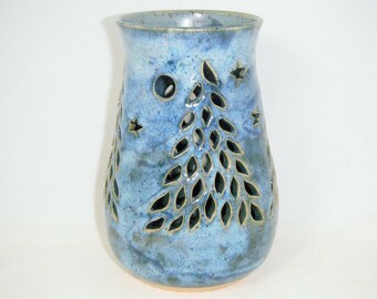 Pine Tree Candle Holder Stars Northern Lights Moon Solstice Luminary ClayDogStudio