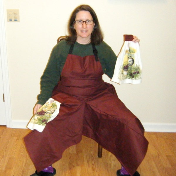 Pottery Apron in Burgundy Maroon with Ultimate Coverage Split Leg Panel and Olive Oil Towels by ClayDogStudio