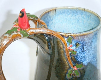 Bird Mug Red Cardinal Cup Holly Berry Tree Spruce Green Brown Sculpted Pottery Mug ClayDogStudio