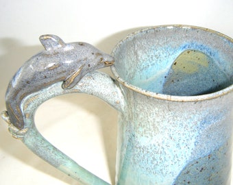 Dolphin Mug Blue Cup Gray Porpoise Sculpted Ceramic Pottery ClayDogStudio