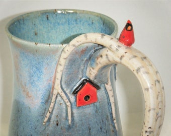 Bird Mug Cardinal Bird House White Birch Tree Cup Handmade Sculpted Pottery Ceramic ClayDogStudio