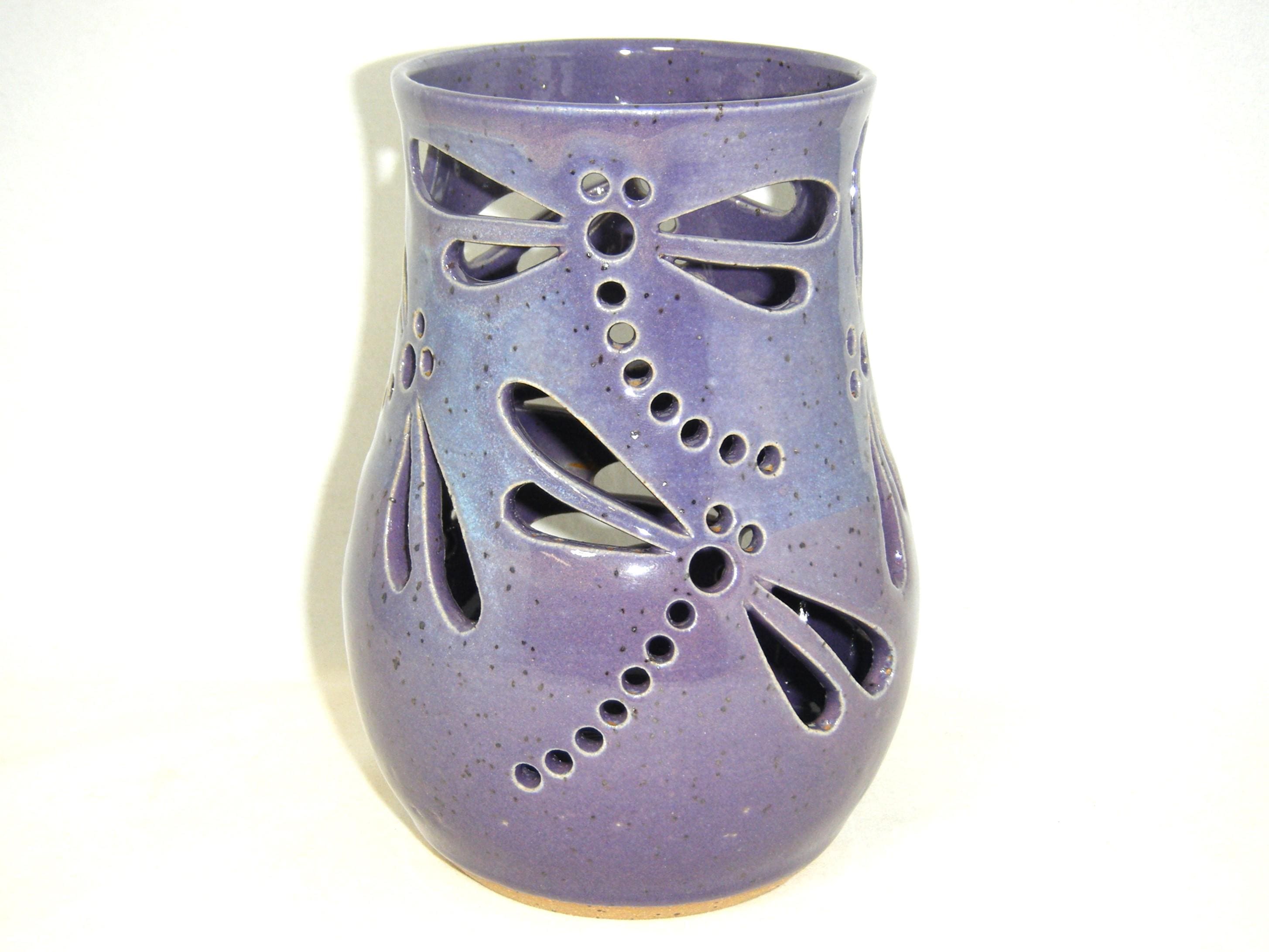 Dragonfly Candle Holder Purple Dragon Fly Luminary Blue Dragonfly Ceramic Sculpture Pottery ClayDogStudio